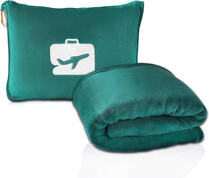 EverSnug Travel Blanket and Pillow - Ultra-Soft, Compact & Lightweight, 65x40 Inches, with Carry Case, Luggage Sleeve & Backpack Clip for Airplane Comfort (Teal)