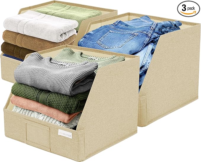 Trapezoid Storage Bins â 3-Pack Closet Shelf Organizer & Baskets, Open Front Bin for Shelves, Foldable Fabric Basket for Clothes, Cube Storage Bins, Towel, Clothing Shelf (Beige, 3 Pack)