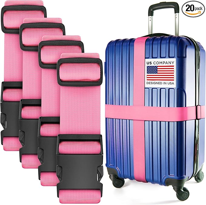 Luggage Straps for Suitcases - TSA Approved - Pink, 20 PK - Bulk Multipack Premium Nylon Belts for Suitcase, Briefcase & Travel Bag - Adjustable Strap Length 46" - 78"
