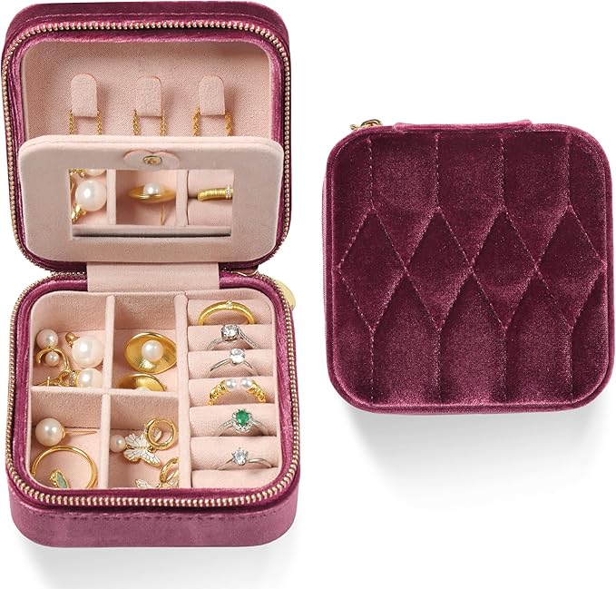 Travel Jewelry Organizer with Mirror â Rose Pink Velvet Organizer Adjustable Compartments for Necklaces, Rings | Portable Luxury Travel Jewelry Case for Women, Gift-Worthy Design