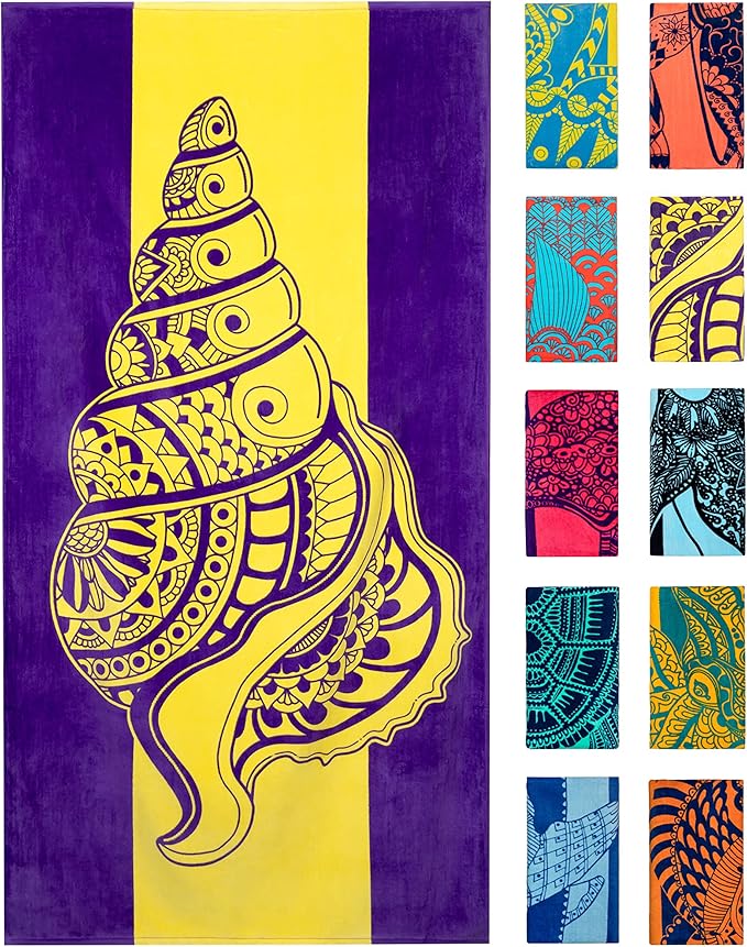 Nova Blue Seashell Beach Towel (34 X 63) â Purple & Yellow Travel Beach Towel Made from 100% Cotton â Unique Adult Beach Towels with Tropical Design - Compact BeachTowel