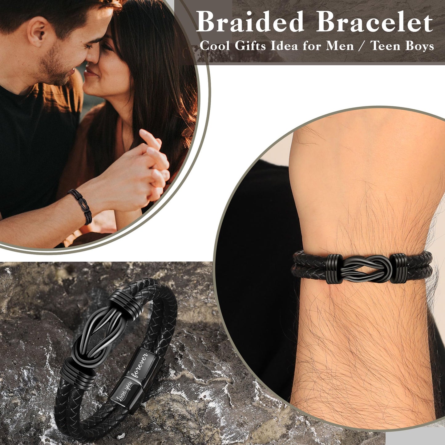 Father s Day Gifts for Husband, Gifts for Husband I Love You Gift for Him Leather Bracelet for Men Husbands Black Braided Leather Cuff Bracelets Birthday Wedding Anniversary Christmas Stocking Stuffers