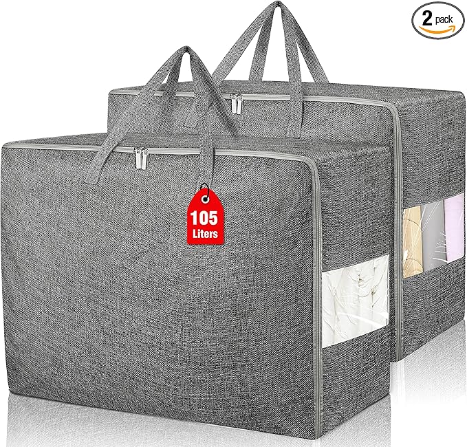 2Pack 105L Extra Large Storage Bags, Folding Comforter Blanket Storage Bags Closet Organizers and Storage Containers with Strong Handles&Zippers Clear Window for Clothes Bedding Pillow, Black