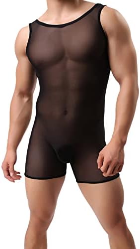 Men's See Throgh Stretch Sheer Mesh Sexy Lingerie One Piece Bodysuit Jumpsuits Underwear Wrestling Singlet Undershirt