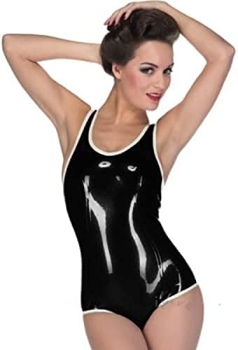 Handmade Sexy Women Black Latex Jersey Rubber Tight Swimwear with White Trim,White,L