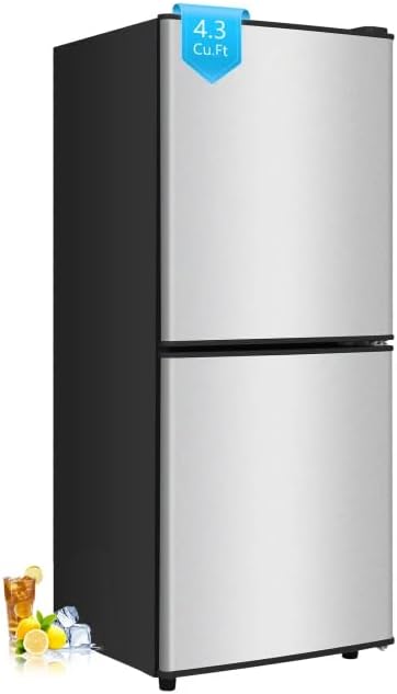 4.3 Cu. Ft. Compact Fridge with Freezer, Double Door Small Refrigerator with Adjustable 7-Level Thermostat, Mini Refrigerator for Kitchen, College, Apartment, Office, Silver