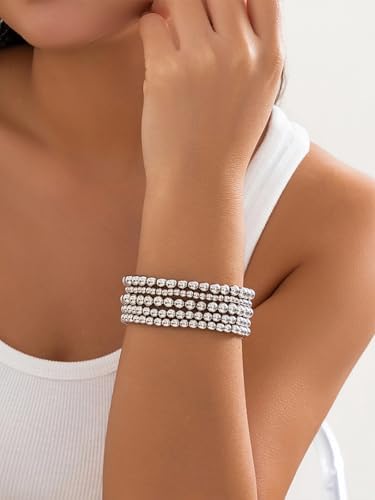 5Pcs Gold Beaded Bracelets 14K Gold Bracelets for Women Bracelet Stack Trendy Stretch Bead Bracelets Silver Bead Bracelet Dainty Jewelry for Women