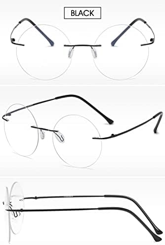 VEVESMUNDO Round Reading Glasses Metal Rimless Titanium Frameless Clear Eyeglasses Readers Blue Light Blocking Glasses