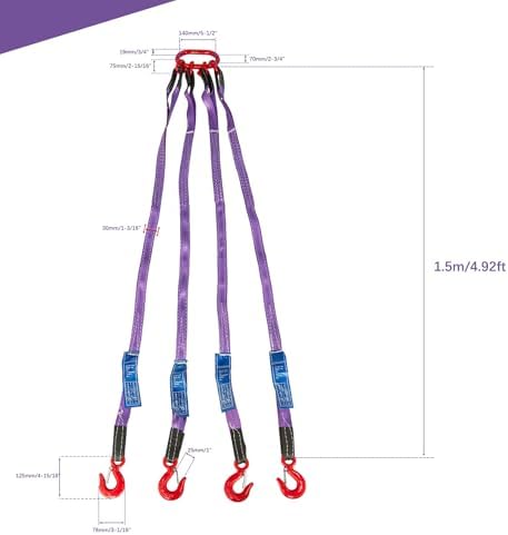 Pindex 5ft 3t Chain Sling for Lifting, 6610lbs Polyester Strap Lifting Sling Chain Hoist with G80 Alloy Steel 4 Legs Grab Hook and Adjuster, Adjustable Length and Angle for Safe Towing