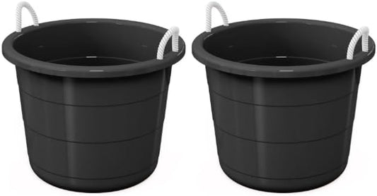 2-Pack Flexible 17-Gallon Plastic Storage Tub with Rope Handles, Multi-Purpose Utility Bucket, Black