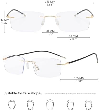 KOOSUFA Rimless Progressive Multifocal Reading Glasses Men Women Blue Light Blocking Ultralight Metal Multifocus Readers