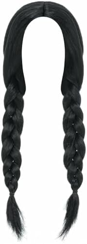 HMPRT Halloween Costumes for Women - White Collar Long Sleeve Black Dress, Black Braided Wig and Sock