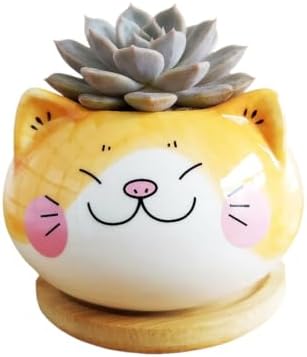 Cuteforyou Cute 3.5 Inches Indoor Cartoon Animal Cat Shaped Ceramic Succulent Cactus Flower Plant Pots with Bamboo Tray-Plant Not Included (Yellow)