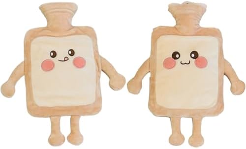 Hot Water Bottle 1000ML Hot Water Bag Hot Pack with Cute Toast Bread Plush Cover Large Rubber Hot Water Bottles Hand Warmer for Pain Relief Gift Rubber Water Bottle for Women, Girls Style 1