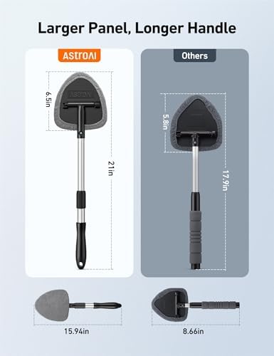 AstroAI 21" Windshield Cleaner Tool, Car Interior Detailing Cleaning Kit with Extendable Handle and 4 Upgraded High-Density Reusable Microfiber Pads, Auto Glass Wiper Brush Kit for Cars, Gray