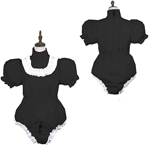 Bodysuit Shiny PVC Short Sleeve Maid Costume Vinyl Maid Dress Lockable Jumpsit Plus Size,Black,XXL