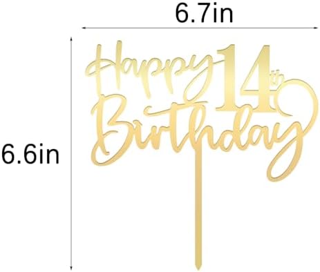 Happy 14 th birthday cake Topper,Mirrored Gold Acrylic Durable Cake Topper,14th Birthday Party Cake Decorations, Hello 14th years old, Happy fourteen years old, Birthday Party Decorations