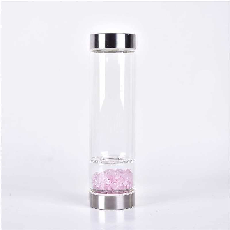 Natural Crystal Water Bottle Reusable Gem Glass Water Bottle for Making Natural Quartz Crystal Elixir Infused Gemwater Bottle Crystal Point Energy Water Bottle 550Ml (Color : Pink Crystal)
