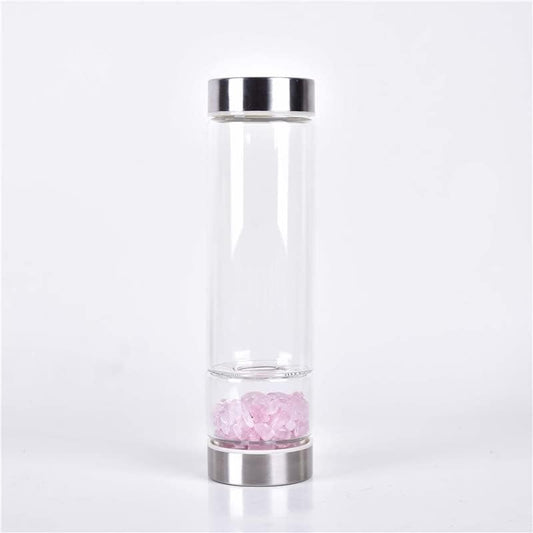 Natural Crystal Water Bottle Reusable Gem Glass Water Bottle for Making Natural Quartz Crystal Elixir Infused Gemwater Bottle Crystal Point Energy Water Bottle 550Ml (Color : Pink Crystal)