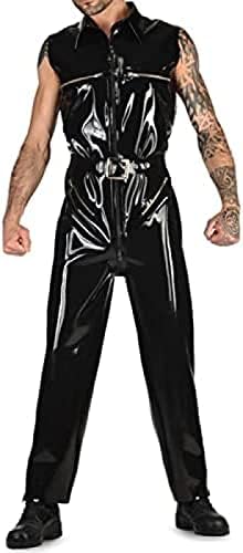 Black Sexy Loose Latex Catsuit Sleeveless Front Crotch Zipper Breast Zipper Rubber,Red,S