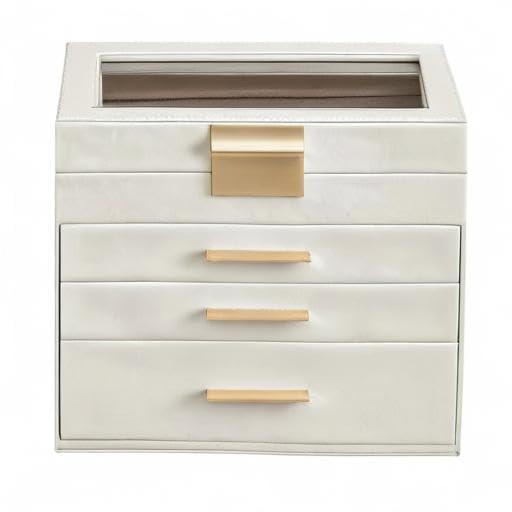 SONGMICS Jewelry Box Organizer with Glass Lid, 4-Layer Jewelry Storage, with 3 Drawers, Modern Style, 6 x 9.9 x 8.5 Inches, Cloud White and Gold Color UJBC161W01