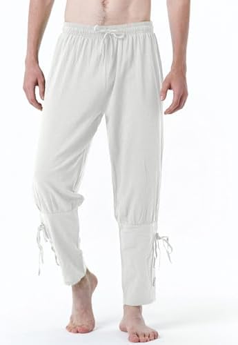 JEMITOP Men's Pure Cotton Vintage Ankle Banded Pants for Renaissance Pirate Viking Medieval Costume