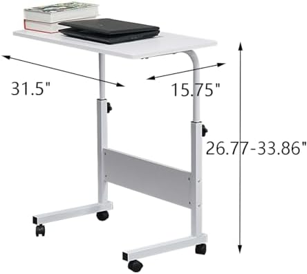 Henf Mobile Sofa Side Table Rolling Bed Table Snack Table, Height Adjustable Portable Laptop Computer Stand Desks Breakfast Tray Table with Wheels for Living Room Bedroom, White
