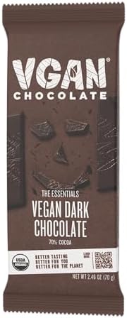 VGAN Vegan Chocolate Bars, Gluten Free Snacks, Plant Based, Soy and Dairy Free, Organic Ingredients, Cruelty Free, Kosher, and Non GMO, Dark Chocolate, 6 Pack