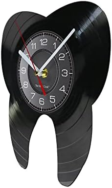 12 Inch Dental Tooth Wall Clock, Modern Decorative Analog Black Vinyl Record Wall Clock Silent Quartz Non Ticking Battery Operated for Dental Clinic Office Decor Dentist Doctors Gifts