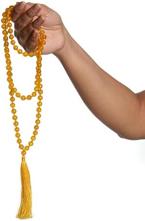 108 Mala Beads 8mm Natural yellow citrine Polished-Finish Genuine Semi-Precious Stone Long Crystal Mala Prayer Bead Necklace Or Bracelet for Yoga Meditation Energy Balancing