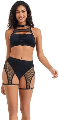 Women‘s Rave Outfits Set: Cutout Fishnet Lingerie Top High Waisted Dance Shorts for Festival Party