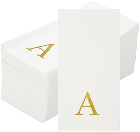 Luxenap 15.8 X 7.9 Inch Linen-Feel Guest Towels, 50 Lettered Hand Towels - Gold Letter 'A', Sans Serif Font, White Paper Dinner Napkins, airlaid, For Restrooms And Tables - Restaurantware