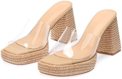 Monrovia Raffia Heeled Sandals for Women，Platform Wedge Slip On Block Heel, Dressy Summer Open Toe Chunky High Heel Vacation Beach Slides Sandals
