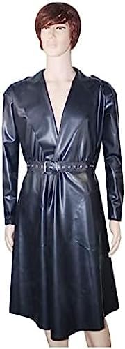 Black Sexy Latex Trench Coats with Belts Pockets Rubber Jacket Robe,Custom Color,Large