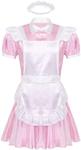 Men's French Maid Cosplay Uniform Silk Satin Mini Dress with Apron Sissy Crossdressing Pajamas Set
