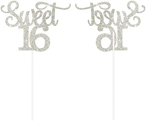 Gexolenu 1 PCS Silver Glitter Double-sided Happy Sweet 16 Cake Toppers,16th Cake Topper, Sweet 16 Birthday Cake Party Supplies, Sweet 16 Decorations for Cake, Sweet 16 Party Decorations