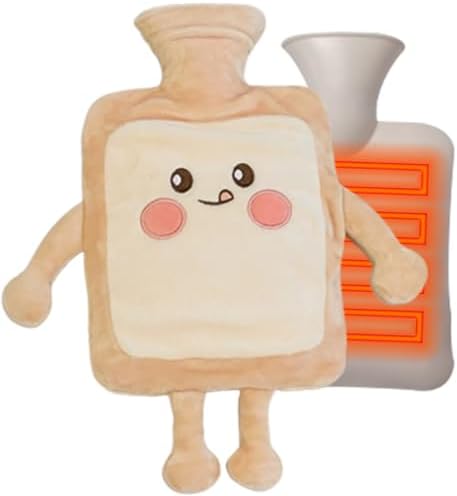 Hot Water Bottle 1000ML Hot Water Bag Hot Pack with Cute Toast Bread Plush Cover Large Rubber Hot Water Bottles Hand Warmer for Pain Relief Gift Rubber Water Bottle for Women, Girls Style 1