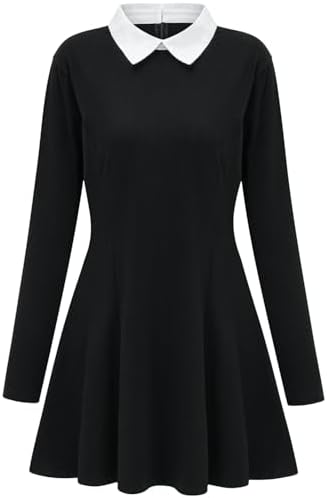 HMPRT Halloween Costumes for Women - White Collar Long Sleeve Black Dress, Black Braided Wig and Sock