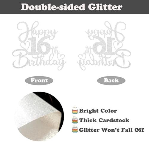 Sotpot 1PC Happy 16th Birthday Cake Topper Double-sided Silver Glitter Cake Pick Cake Decoration for 16th Birthday Anniversary Party Cake Decorations