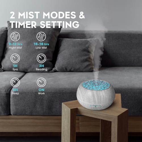 550ml Large Capacity Essential Oil Diffuser 6 Essentil Oil Set Aromatherapy Ultrasonic Air Humidifier with Timer and 7 Color LED Night Light Remote Control Waterless Auto-Off White Wood Grain