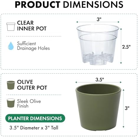 Phoenix Vine 3.5 Inch Olive Plastic Cachepot with Clear Nursery Pot, Decorative Lightweight Planter Cover with Transparent Inner Pot for Indoor Houseplants, Pack of 12, 24-A-F-12