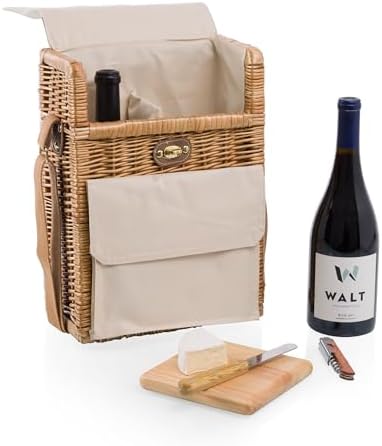 PICNIC TIME Corsica Wine and Cheese Picnic Basket, 2-Bottle Wine Tote Bag, Gift for Wine Lovers, (Beige Canvas)