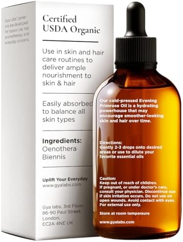 Gya Labs USDA Organic Evening Primrose Oil - 3.4 Fl Oz - Carrier Oil for Hair, Skin, Face, Scalp & Body Massage
