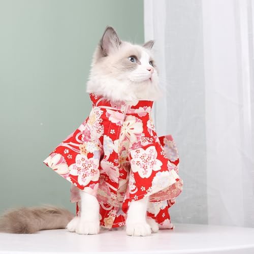 Cute Cat Kimono Dress SakuraFlower Pattern with Bowtie Pet Photo Cat Halloween Costume Cat Princess Cute Cat Outfit (Red,S-3to7lb)