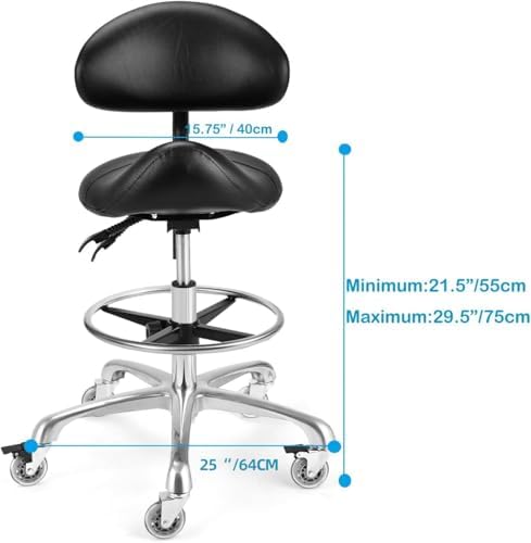 Saddle Stool Chair with Backrest and Footrest- Ergonomic Rolling Saddle Stools Hydraulic Swivel Adjustable Stool Esthetician Chair for Massage Beauty Salon Tattoo Dentist Clinic Home Office (Black)