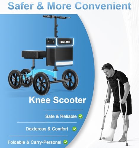 HOMLAND Knee Scooter Walker for Adults Foot Injuries Ankle Surgery, Foldable Steerable Leg Scooters with Dual Handbrake, Height Adjustable Handle & Knee Pad, Removable Storage Bag, 300 lbs Capacity