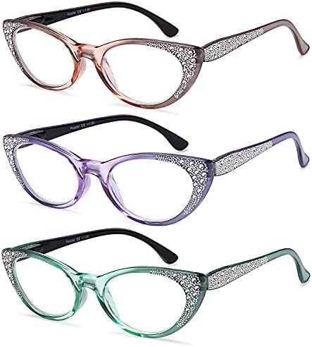 EYEURL Cat Eye Reading Glasses for Women 2.25 Blue Light Blocking 3 Pack Computer Readers with Comfortable Spring Hinge Lightweight Eyeglasses for Ladies.