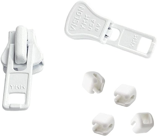 Zipper Repair Kit - #8 YKK Heavy Duty Molded Vislon White Sliders - 2 Sliders & 4 Top Stoppers Per Pack - Color: White - Made in The United States