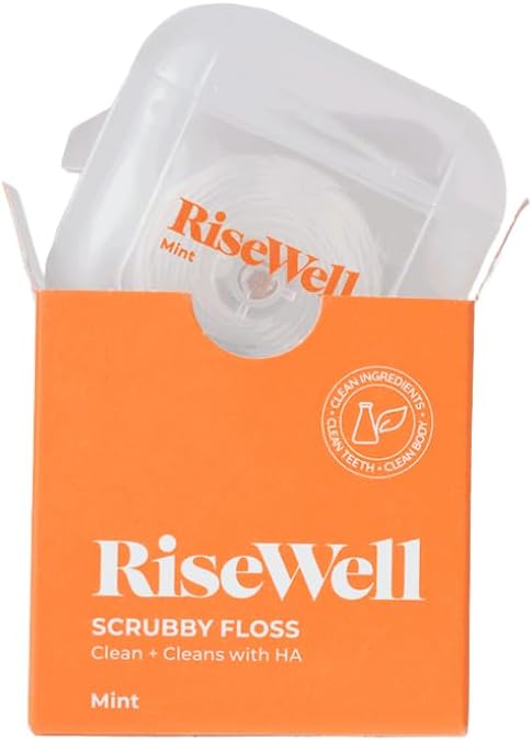 RiseWell Scrubby Tooth Floss - Natural PFAS Free Floss for Teeth with Hydroxyapatite and Xylitol - Dentist-Formulated Plaque Remover for Teeth - Vegan, Expanding Dental Flossers, Mint Waxed, 30 Yards
