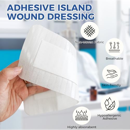 Island Dressing Bordered Gauze 4"x10", 50 Individually Packed Non-Stick Pad in Center with Adhesive Border,Soft Absorbent Medical Grade Dressing Gauze Pad for Wound Care and First Aid